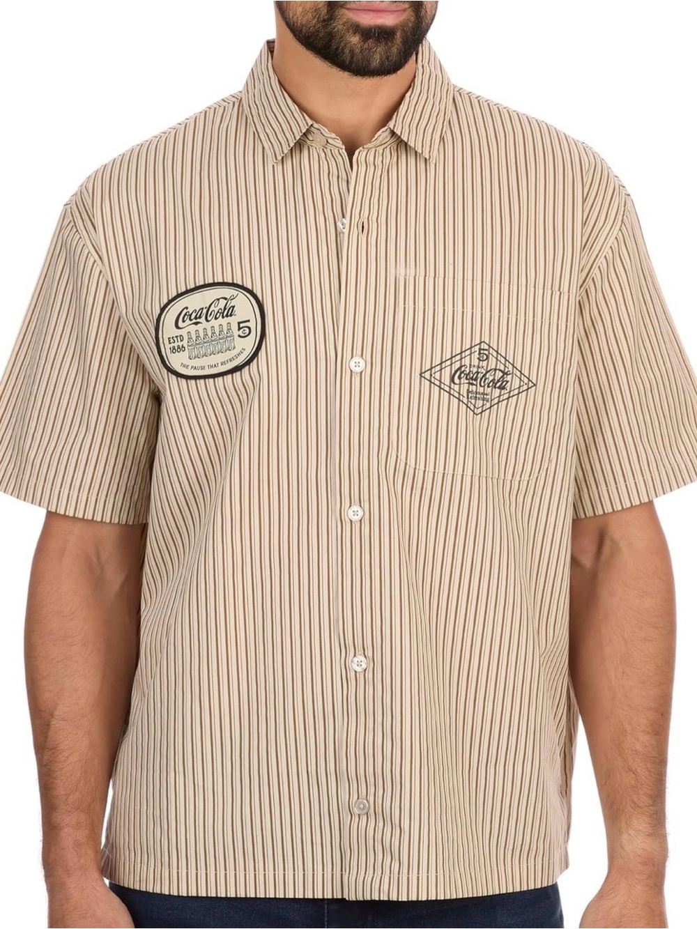Coca-Cola Retro Pinstripe Button Down Shirt Short Sleeve Tan Beige Men’s